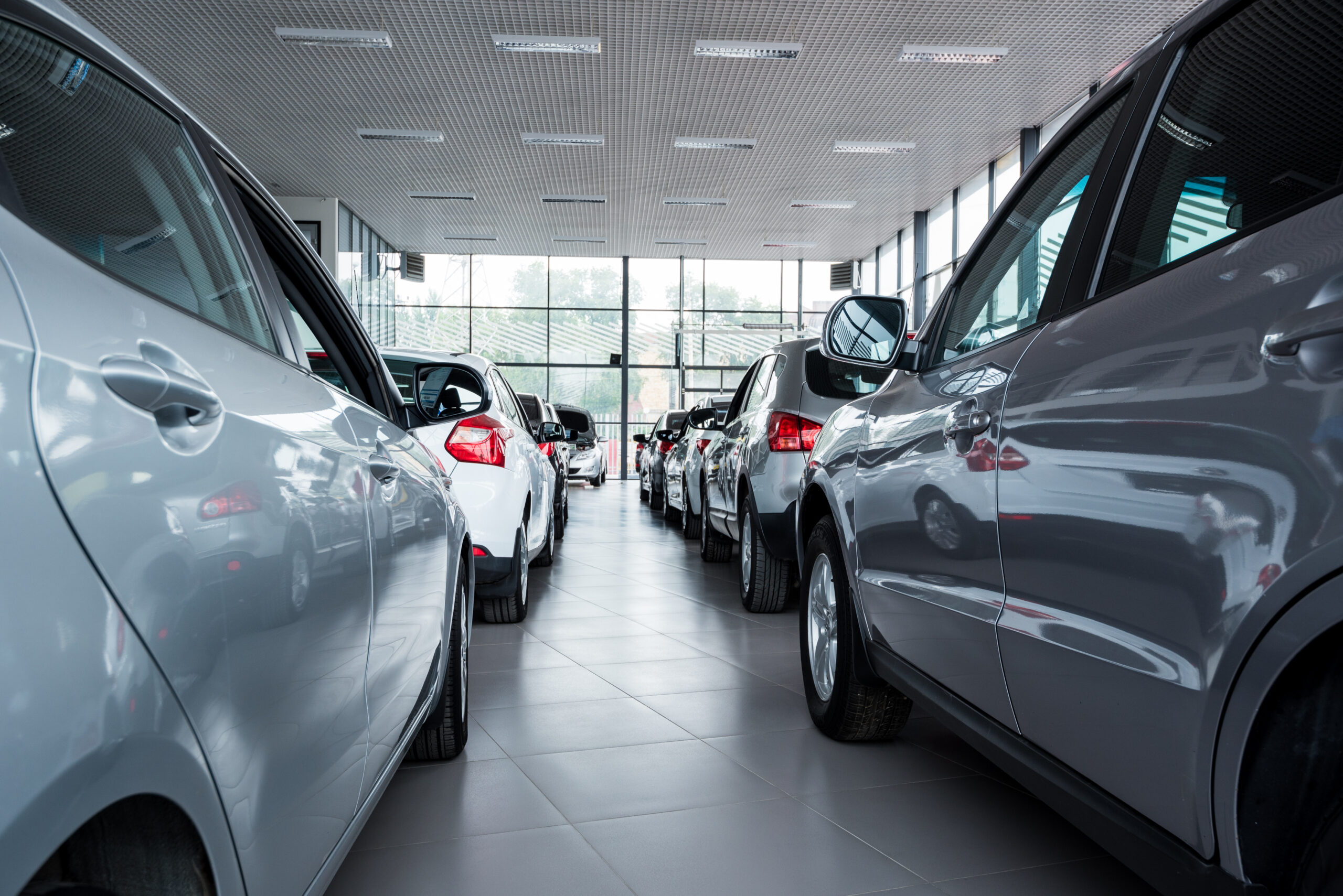 Stock of cars in showroom of automobile dealer